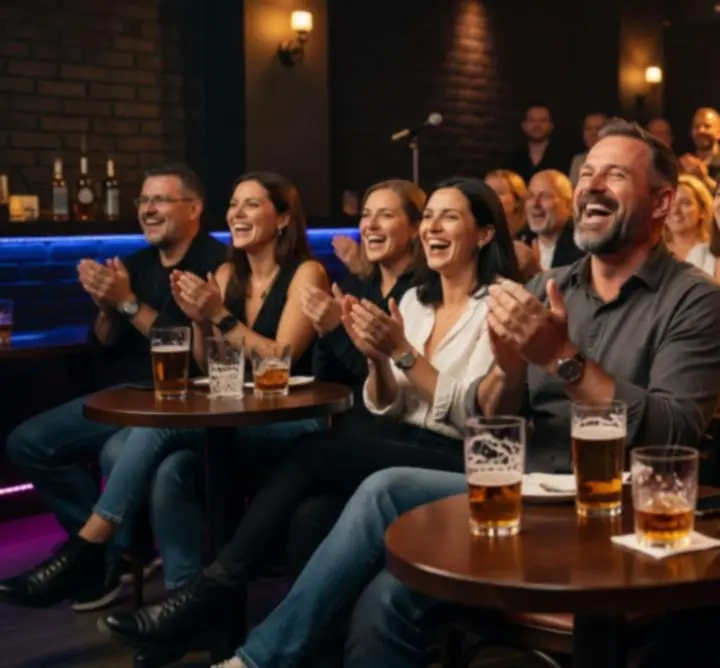 Nevető közönség egy stand-up comedy előadás alatt, szórakozóhelyi környezetben.