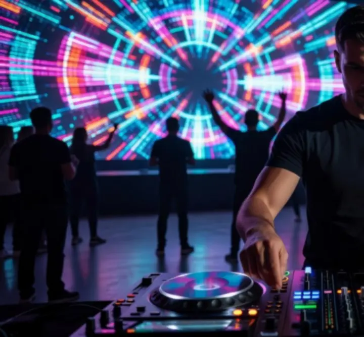 DJ élőben játszik fénytechnikával megvilágított pulton