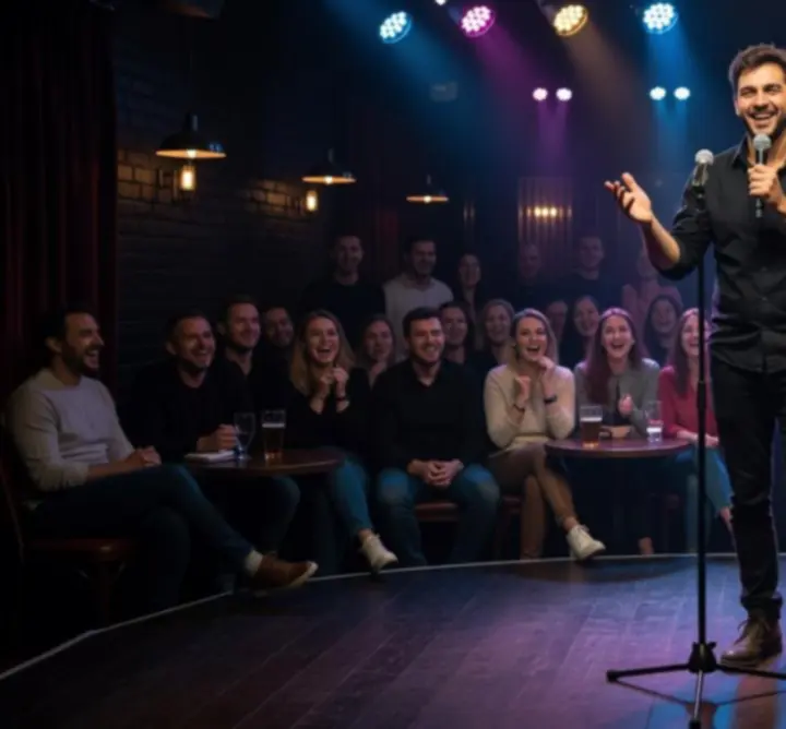 Stand-up komikus fellépés közben, reflektorfényben, közönség előtt.